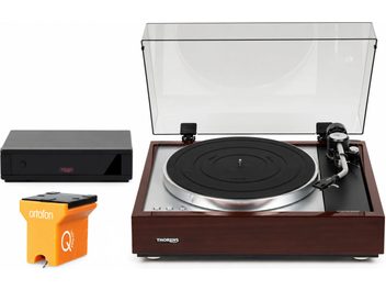 Giradischi Thorens marrone con coperchio trasparente aperto, unità Rega nera e testina Ortofon arancione