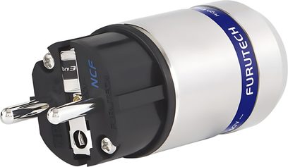Furutech FI-E48 NCF R-strømforsyningsadapter, sølvfarvet metal og sort plastik, to runde ben, trekvart-visning