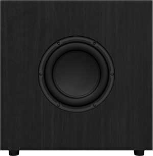 Klipsch Promedia Lumina 2.1 subwoofer i sort, træfront med central cirkulær højttaler set forfra