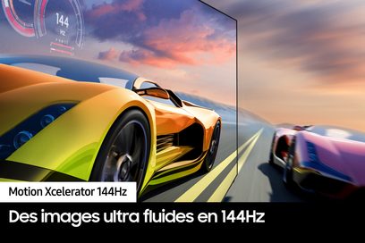 Samsung F-TQ77S95D-BF højopløsnings-tv, fladskærm, sidevinkel, gul bil, vej, skyet himmel