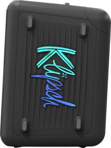 Přenosný Bluetooth reproduktor Klipsch Vegas, pohled zepředu, černý texturovaný povrch s modrým a zeleným světelným logem, zaoblené rohy