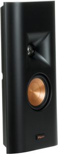 Coluna de parede Klipsch RP-140D preta, formato slim com tweeter de corneta e woofer de cor cobre na face frontal