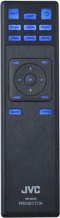 JVC RM-MH48 sort fjernbetjening, set forfra, med blå og hvide knapper på sort baggrund, til LX-UH1 videoprojektor
