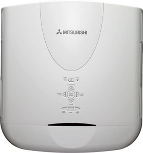 Mitsubishi WD3300U hvid videoprojektor set forfra, med logo, kontrolknapper og funktionsdiagram