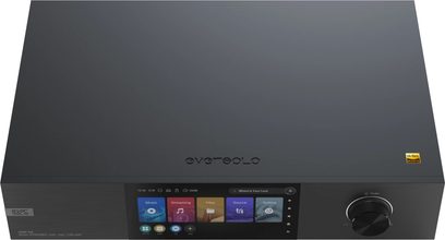 Мережевий аудіоплеєр EverSolo DMP-A8 чорного кольору, вид спереду, дисплей екрана, кнопки та колесо на передній панелі