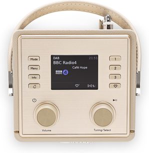 Radio digitale Roberts Mini 2 color crema, rivestimento in similpelle, frontale in metallo spazzolato, display centrale, due manopole, vista frontale