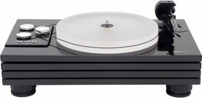 Music Hall MMF 11.1 sort pladespiller set ovenfra med tonarm, pladespiller og kontrolknapper på et rektangulært sort underlag