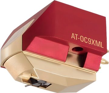 Cellula fonorivelatore Audio Technica AT-OC9XML rossa e oro per giradischi, vista ravvicinata a 3/4 anteriore, nella sua confezione