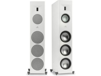 Cassa a colonna MartinLogan Motion XT F200 bianco opaco con quattro altoparlanti circolari e un tweeter rettangolare verticale