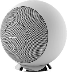 Compact hi-fi speaker Riga 2 on matte white stand with spherical shape, circular perforated grille, and shiny metal base