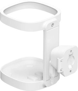 Beyaz Sonos hoparlör için duvar askısı, önden ve yandan görünüm, yuvarlak formda, plastikten, montaj aparatlarıyla birlikte