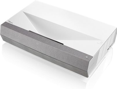 Optoma CinemaX P2 hvid videoprojektor, set fra en trekvart forvisning forfra, med oversiden og højre side synlige