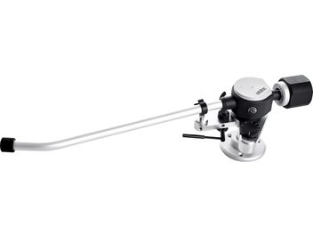 Braço para toca-discos AS-309R 12INCH REFERENCE TONEARM, vista lateral, tubo prateado, base circular, contrapeso preto