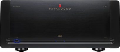 Parasound Halo A21 sort effektforstærker, set forfra, sort front med rødt logo, blå display, to knapper