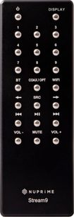 Černý obdélníkový dálkový ovladač s 21 kulatými bílými tlačítky a bílými nápisy "DISPLAY", "BT", "COAX/OPT", "WIFI", "SRC", "VOL-", "MUTE", "VOL+"