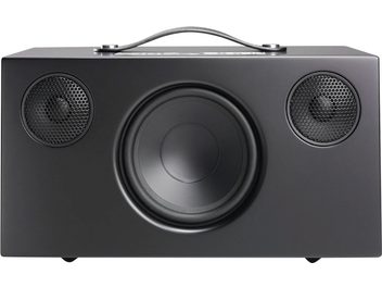 Enceinte Audio Pro ADDON C10 noir, vue de face, forme rectangulaire arrondie, 2 haut-parleurs circulaires, 1 haut-parleur central