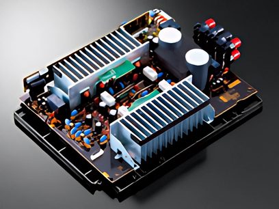 Elektronisk printplade med overflademonteringskomponenter, aluminiumskølelegemer og stikforbindelser i siderne