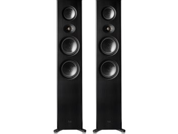 Paire d’enceintes colonnes T+A Talis S 330 noires, vues de face, avec quatre haut-parleurs chacune et pieds évasés