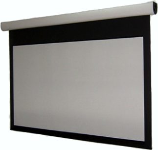 Écran de projection motorisé électrique Screen Excellence Reference 2.35:1, toile grise tendue dans un cadre noir, vue de face