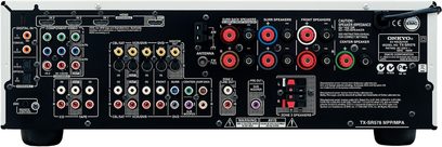 Onkyo TX-SR576 sort hjemmebiografsforstærker, bagside, analog og digital lyd/video-tilslutning, antenner og højttalerstik