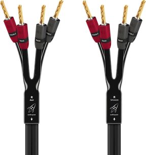Audioquest Rocket 11 SBA høyttalerkabel for bi-wiring, svart, med røde og grå bananplugger merket treble og bass