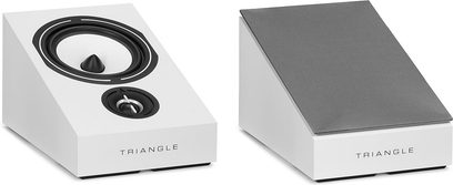 Акустика Triangle, два ракурси: фронтальний з чорним динаміком і логотипом, верхній — сірий з центральним чорним динаміком