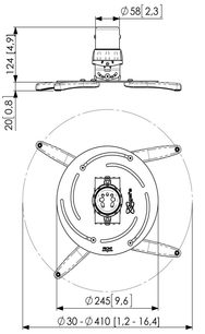 Teknisk diagram med dimensioner af et loftbeslag til videoprojektor fra Vogel's PPC 2500, set forfra og fra siden