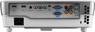 BenQ W1070 videoprojektor, bagside, HDMI-, VGA-, komponent-, S-Video-, lyd- og RS-232-tilslutninger, nærbillede