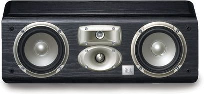 Centralhøjttaler og to bogreolhøjttalere fra JBL Studio L i sort, set forfra, med sølvfarvede metalgittere