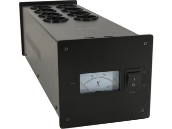 Taga Harmony PF-1000LPS sort, set fra en vinkel, 8 runde stik på toppen, voltmeter og afbryder på fronten