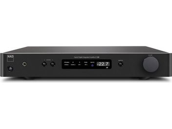 NAD C338 Graphit-Stereo-Hi-Fi-Verstärker, Frontansicht, blaue digitale Anzeige, Tasten und Anschlüsse an der Vorderseite, rechteckiges schwarzes Gehäuse