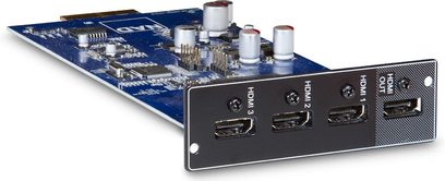 NAD MDC DD HDMI-2 utvidelseskort med 3 HDMI-porter, blå kretskort og sølvfargede elektroniske komponenter