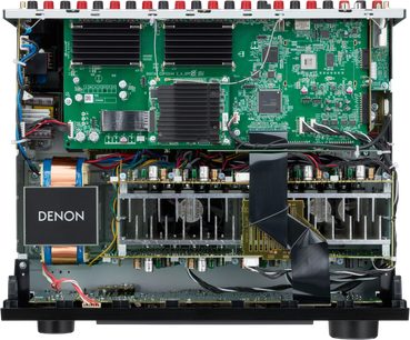 Otevřený AV receiver domácího kina Denon AVR-X3900H, vnitřní pohled se zelenými obvody, černými chladiči a viditelnou kabeláží