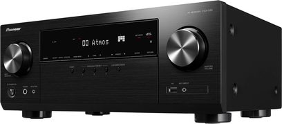 Pioneer VSX-935 sort hjemmebiografsforstærker, frontpanel med LCD-skærm, knapper, drejeknapper, USB-porte og aux-indgang