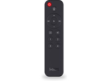 Čierny diaľkový ovládač WiiM Remote, pohľad spredu, okrúhle tlačidlá s číslami, symboly prehrávania, mikrofón, červené napájanie