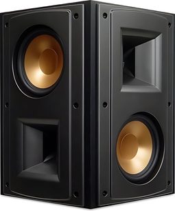 Klipsch RS-62 sort baghøjttaler, set forfra, med to runde, forgyldte højttalere i et rektangulært kabinet