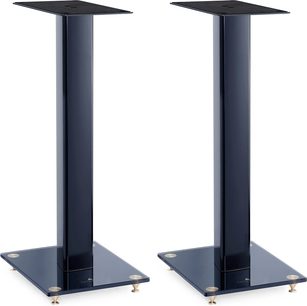 Soportes para altavoces S05 azul, estructura rectangular vertical, base cuadrada con puntas doradas, plataforma superior rectangular