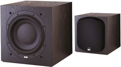 Bowers & Wilkins ASW700 mørkebrun træsubwoofer, kubisk form, sort rund fronthøjttaler