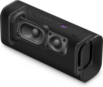 Přenosný Bluetooth reproduktor Sony ULT Field 3 v šedé barvě s tkaným povrchem, horním ovládacím panelem a bočními pasivními radiátory, pohled v perspektivě ze tří čtvrtin