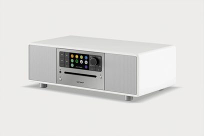 Sonoro Prestige hoogglans wit - zilver, tafelradio, vooraanzicht, witte voorkant, gekleurde knoppen en scherm, grijze luidsprekers