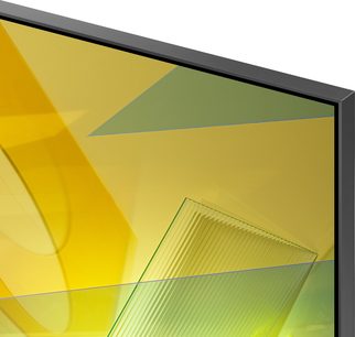 Televizor Samsung QE55Q95T 2020, plochá obrazovka, tenký černý rám, geometrické žluté a zelené tvary na obrazovce