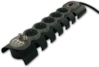 Sort Connect Research CEB005E multistikdåse med 5 stik og rød afbryder, set oppefra på hvid baggrund