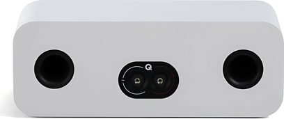 White Q Acoustics 3090c center speaker, smooth material enclosure with rounded edges, rear view showing two black circular ports at the ends and a central dual binding post