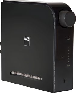 Amplificator hi-fi NAD D3020V2 negru mat, carcasă cu aspect plastic, vedere din 3/4 față dreapta, buton de volum, LED BT, mufă pentru căști