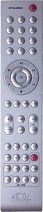 Telecomando grigio con pulsanti rotondi numerati da 0 a 9, tasti di controllo e rotella centrale, per lettore audio Atoll MS120 argento