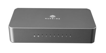 Switch a splitter Nuprime Omnia SW-8 tmavě šedý metalický, pohled zepředu, 8 číslovaných Ethernet portů od 0 do 8