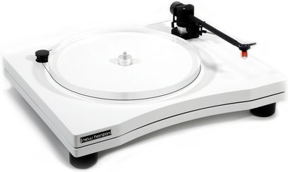 New Horizon 202 witte platenspeler, zwarte tonarm met element, wit draaiplateau, rechthoekig wit chassis