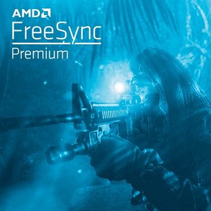 Billedet viser en tæt optagelse af en person, der bærer et AMD FreeSync Premium virtual reality-headset i et mørkeblåt, futuristisk miljø