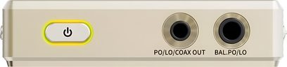 Аудіофільський плеєр FiiO M33 R2R у титановому кольорі, грань із жовтою кнопкою живлення та подвійними аудіовиходами