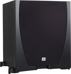 JBL SUB550P sort baskabin, set forfra, kubisk form, mat sort finish, sort gitter, sølvfarvet JBL-logo